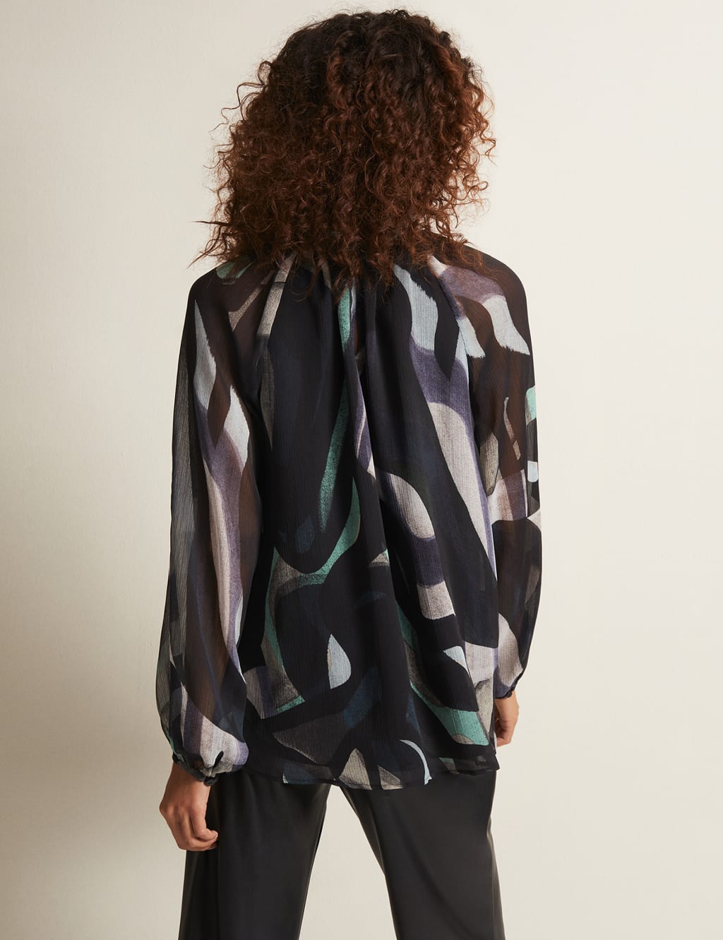 Printed Tie Neck Blouson Sleeve Blouse image 3