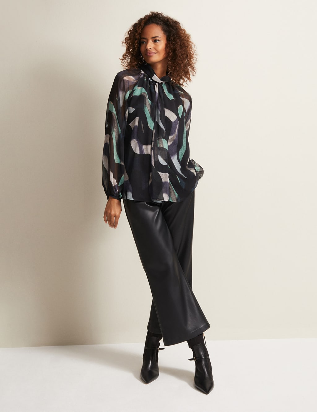 Printed Tie Neck Blouson Sleeve Blouse image 4
