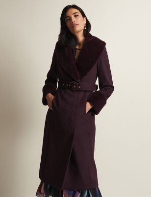Phase Eight Womens Wool Rich Belted Shawl Collar Coat - 14 - Burgundy, Burgundy