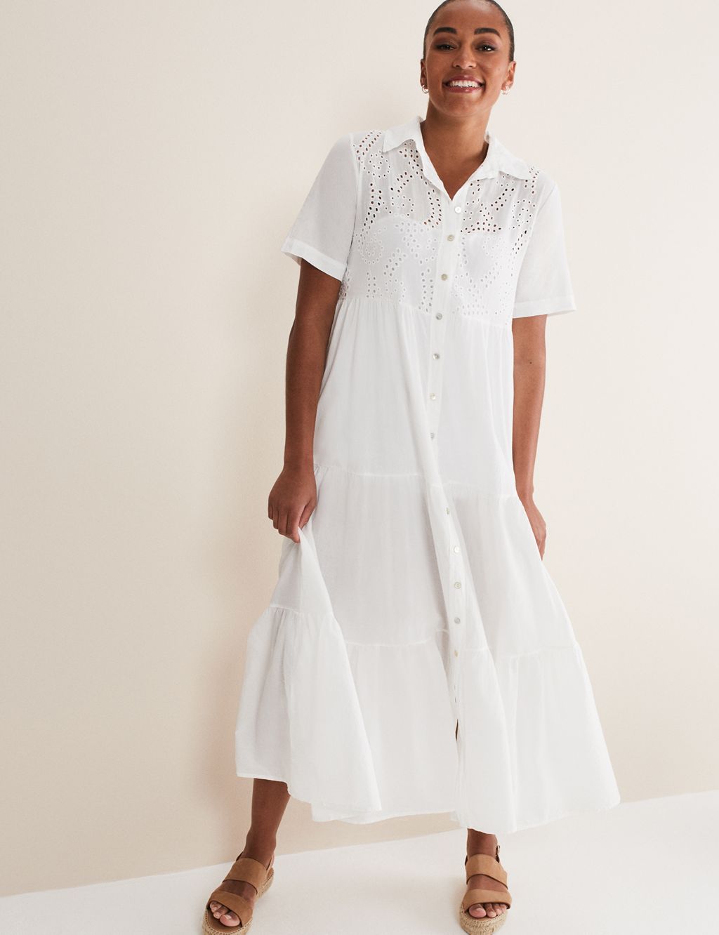 Pure Cotton Broderie Midaxi Shirt Dress image 1