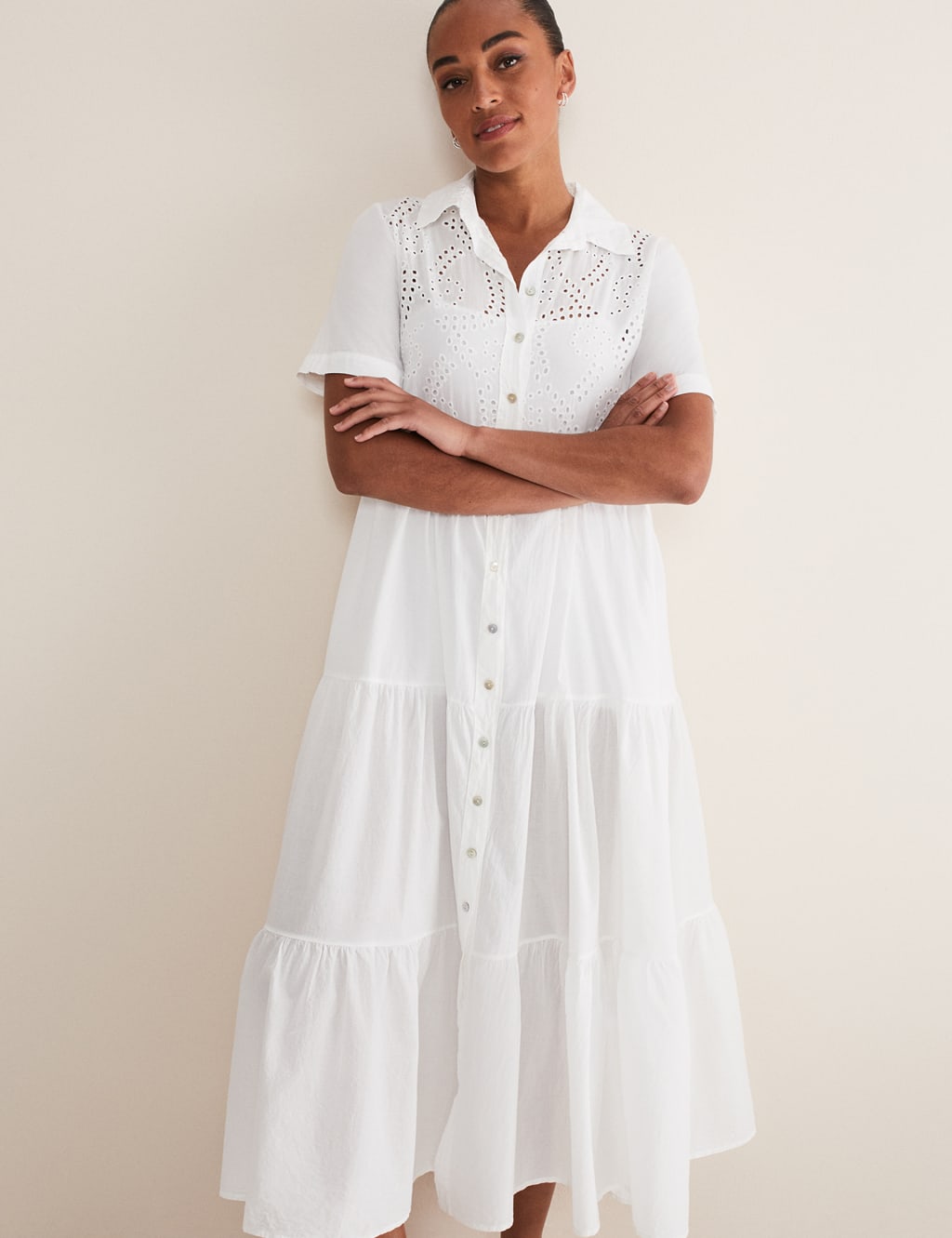 Pure Cotton Broderie Midaxi Shirt Dress image 3