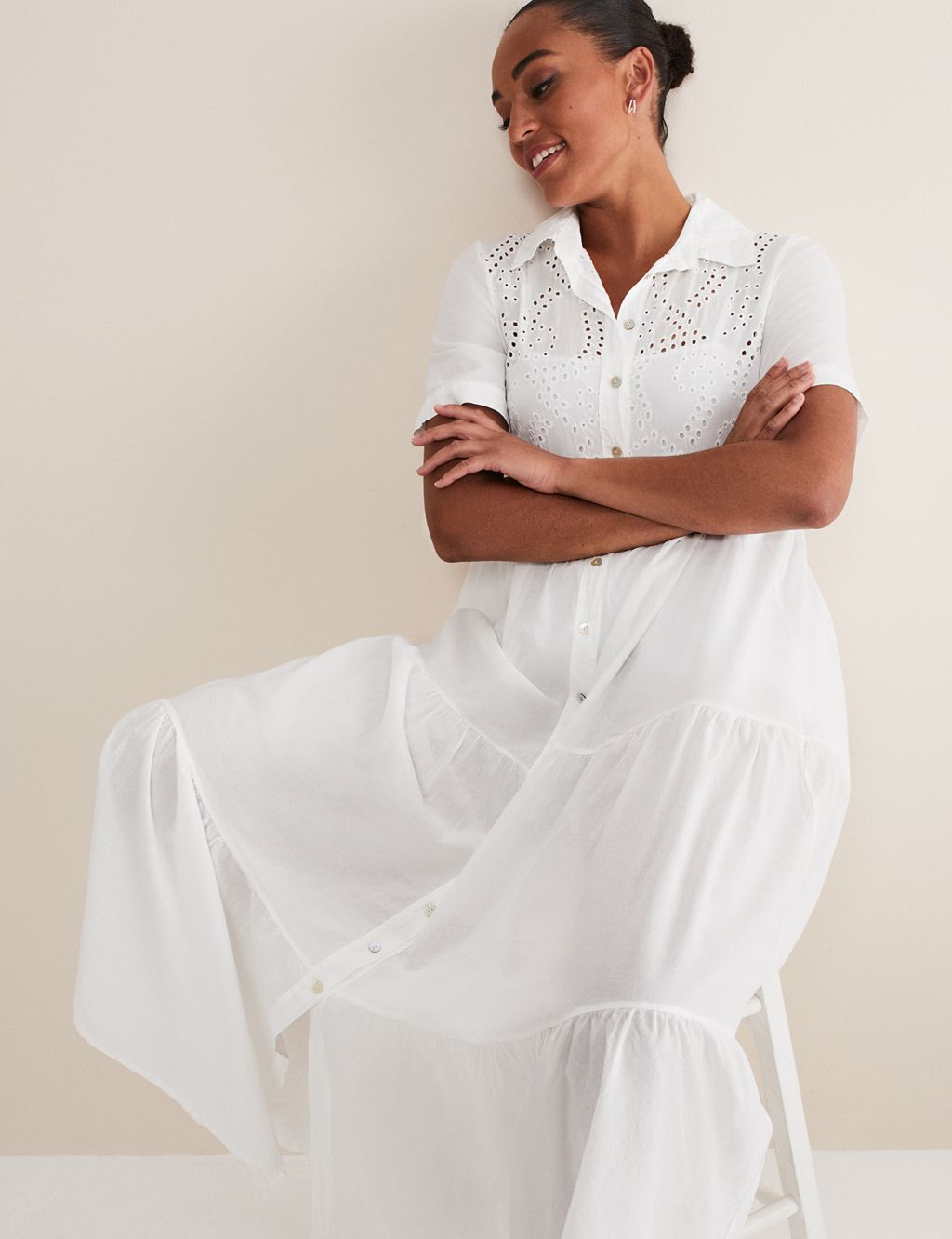 Pure Cotton Broderie Midaxi Shirt Dress image 5