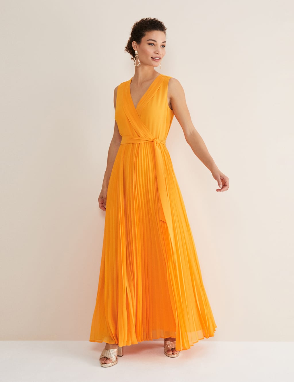 Pleated V-Neck Tie Waist Maxi Waisted Dress image 1