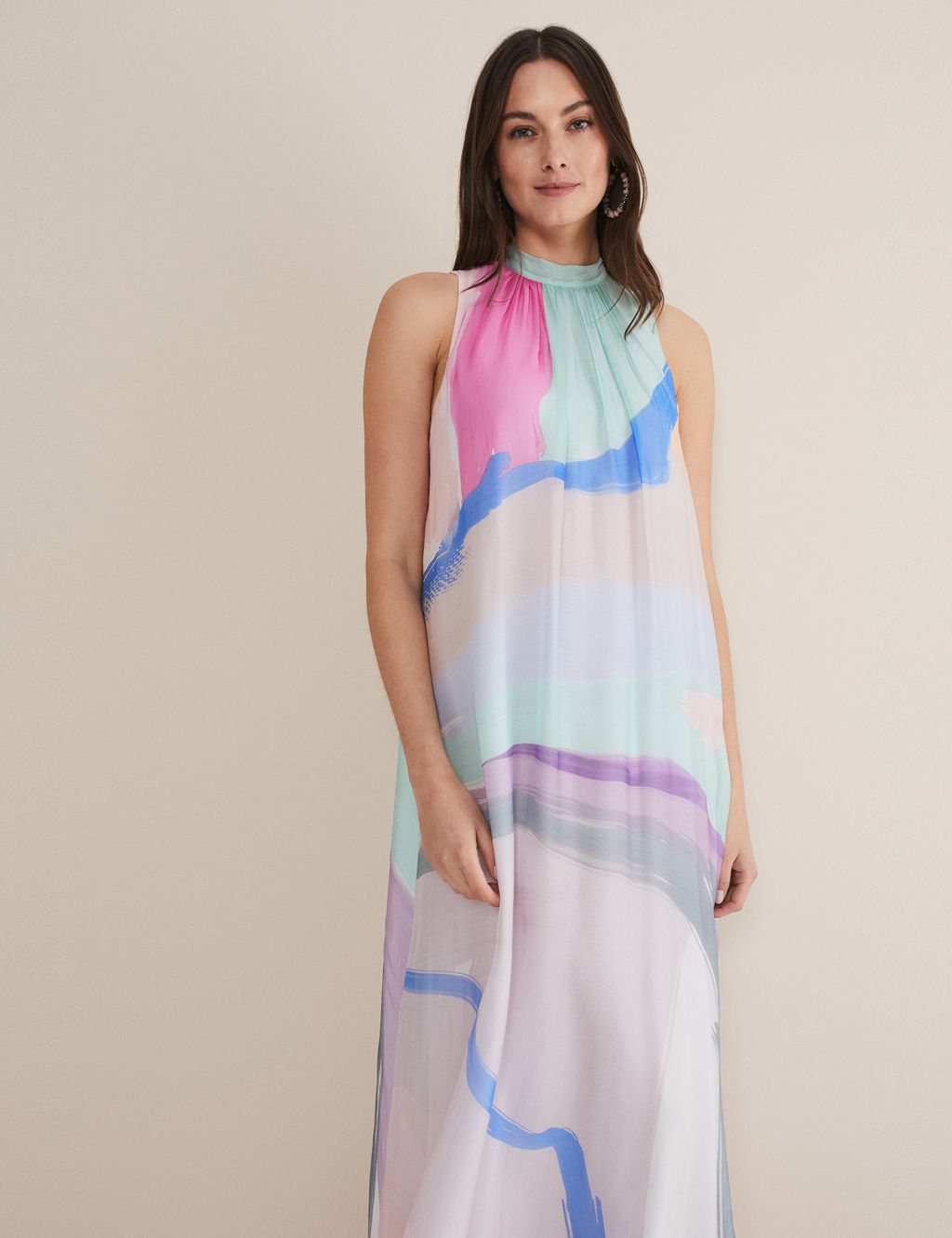 Colour Block High Neck Maxi Dress with Silk image 3