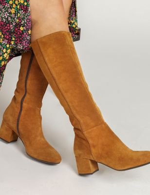 Jones Bootmaker Womens Suede Block Heel Knee High Boots - 3RGC - Tan, Tan