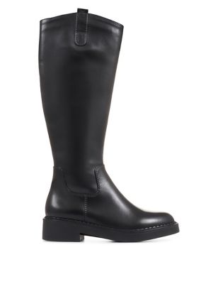 Jones Bootmaker Womens Leather Flat Knee High Boots - 4 - Black, Black,Tan