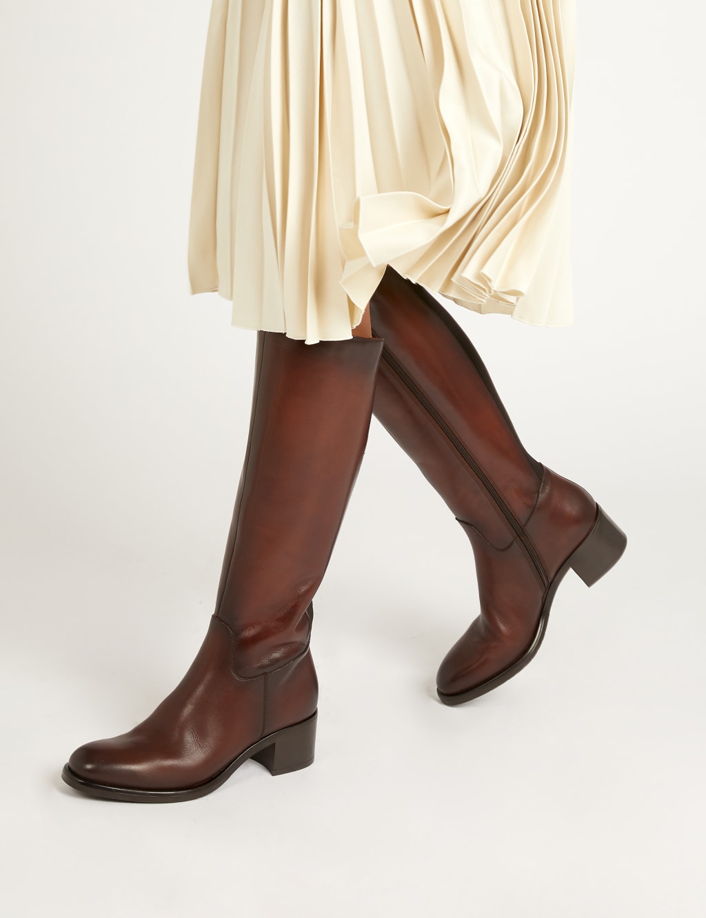 Leather Block Heel Knee High Boots