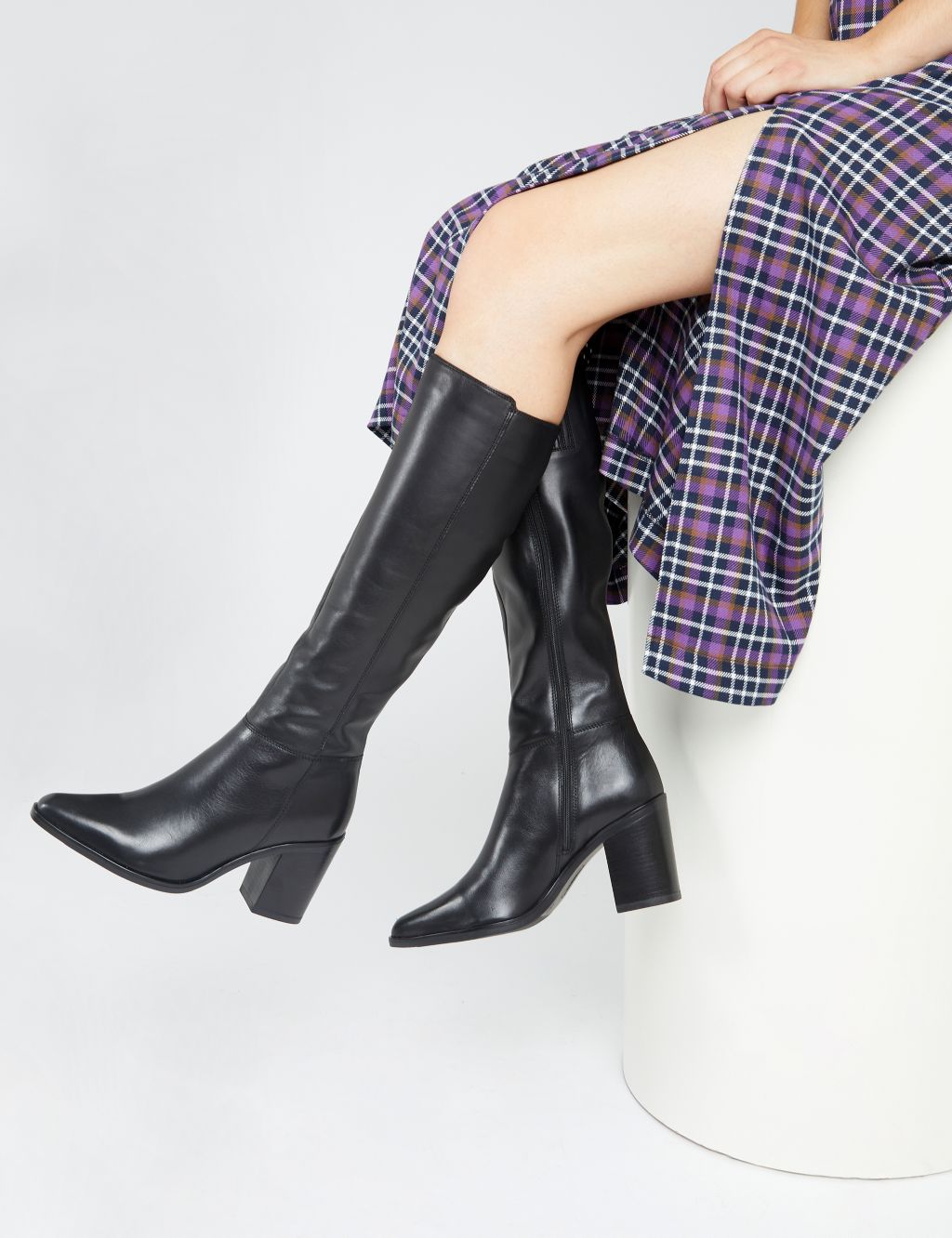 Regular Calf Leather Block Heel Pointed Knee High Boots