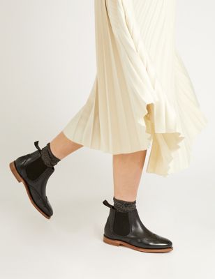 Jones Bootmaker Womens Leather Chelsea Brogue Detail Flat Boots - 4 - Black, Black,Tan