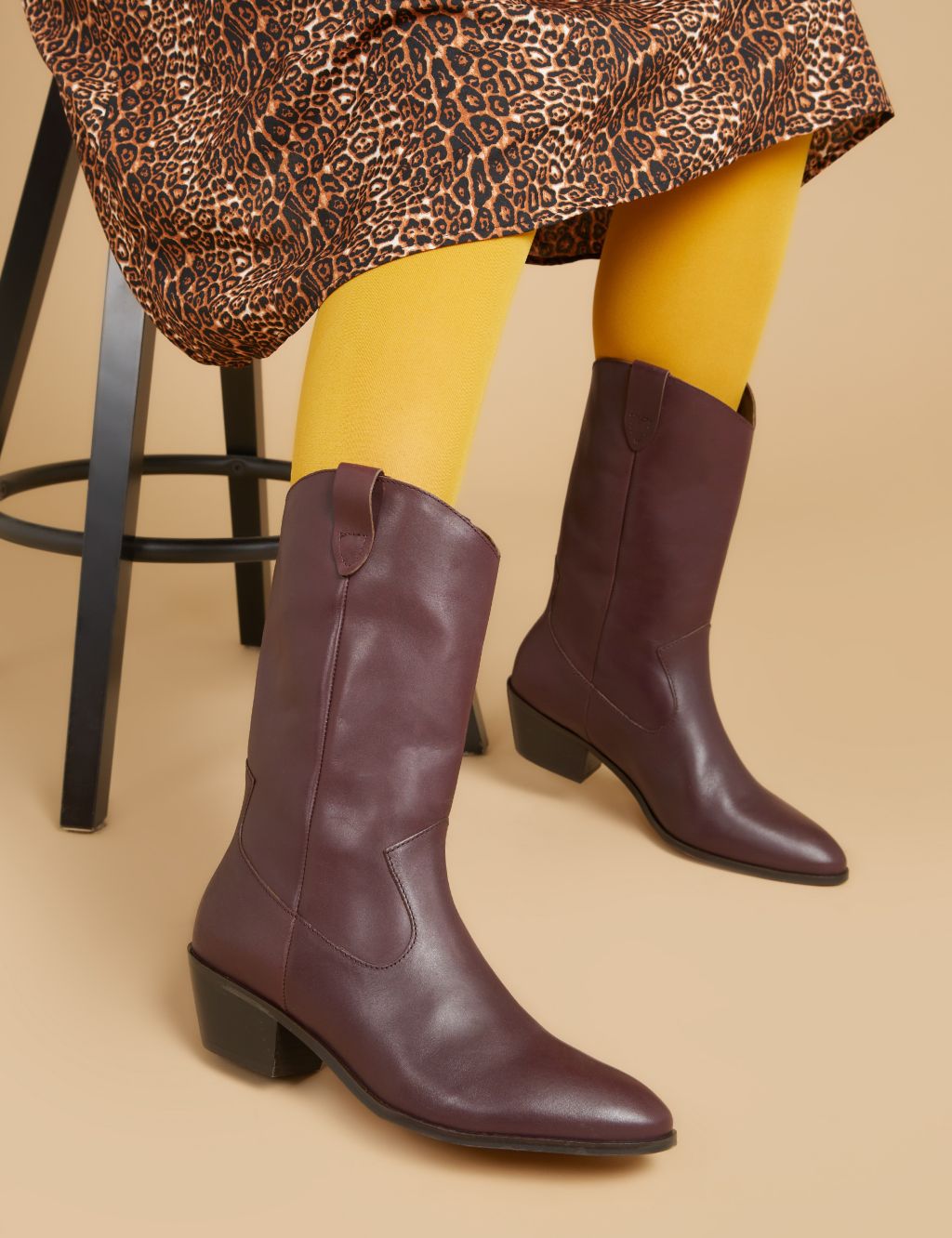 Leather Western Block Heel Knee High Boots