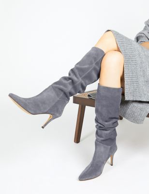 Jones Bootmaker Womens Suede Stiletto Heel Knee High Boots - 5 - Grey, Grey