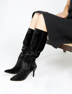 Jones Bootmaker Womens Suede Stiletto Heel Knee High Boots - 6 - Black, Black,Beige