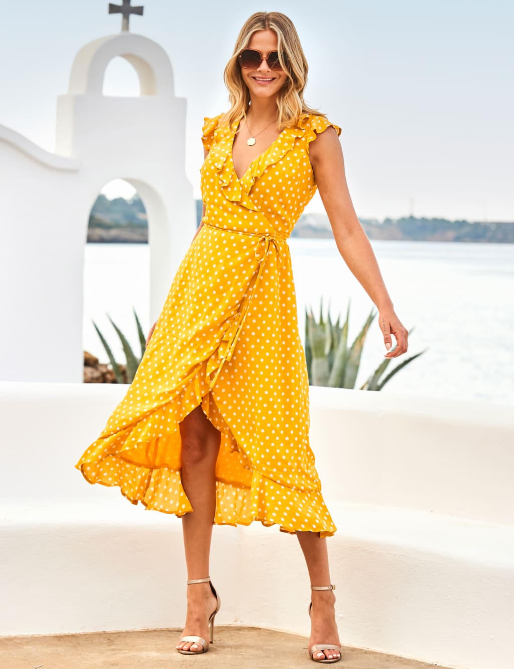 Polka Dot V-Neck Ruffle Midi Wrap Dress image 5