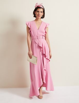 Phase Eight Womens V-Neck Ruffle Belted Maxi Waisted Dress - 8 - Pink, Pink