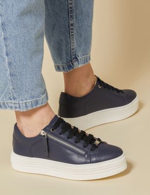 Jones Bootmaker Womens Leather Lace Up Flatform Trainers - 4 - Navy, Navy,Silver,White