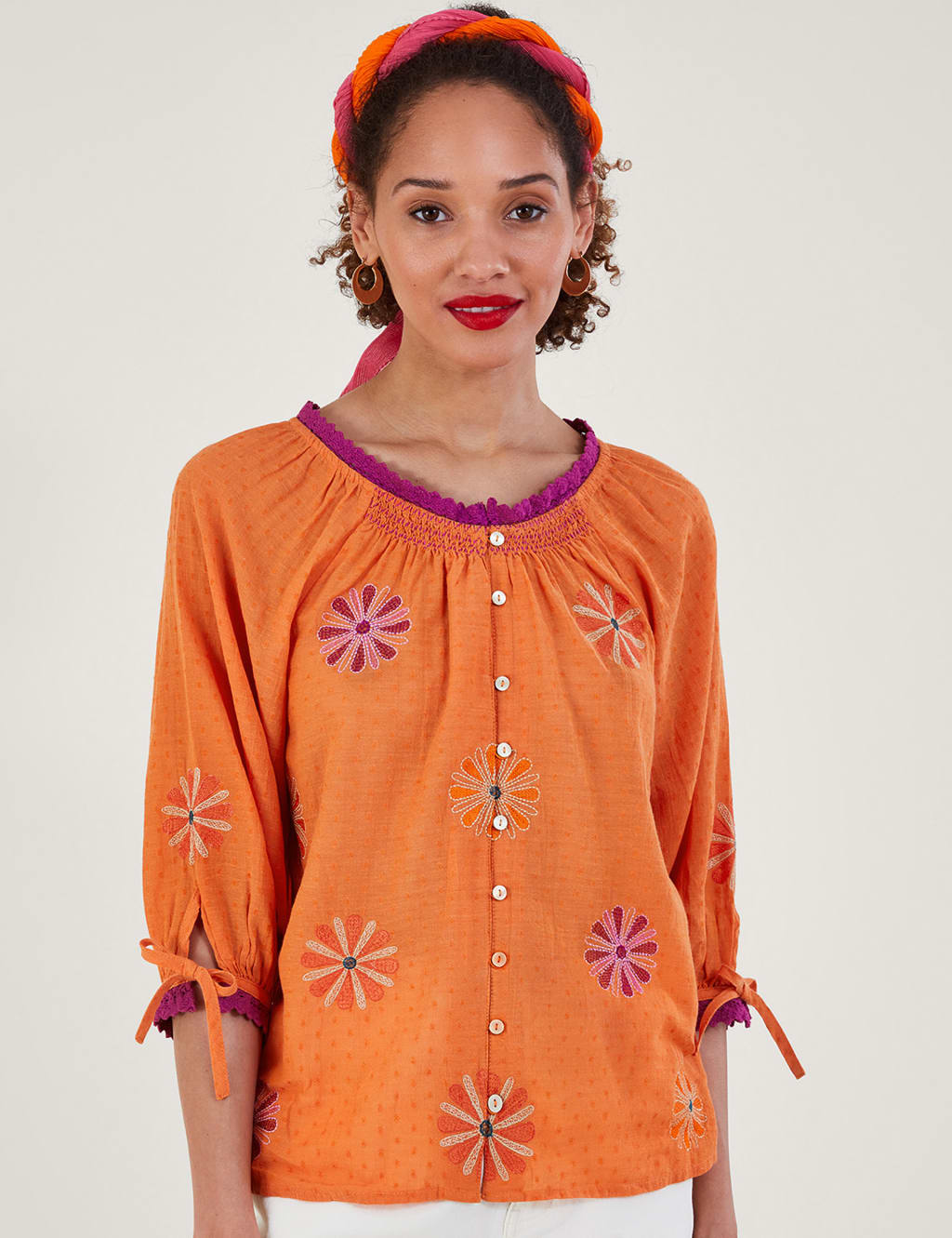 Pure Cotton Embroidered Round Neck Blouse image 1