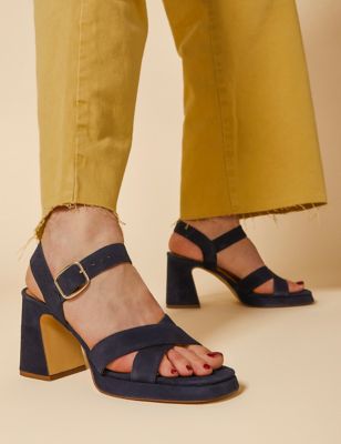 Jones Bootmaker Women's Suede Ankle Strap Block Heel Platform Sandals - 3 - Navy, Navy,Pink