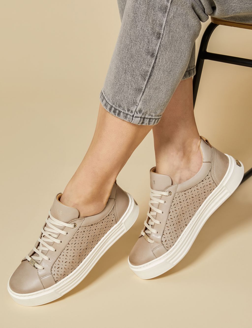 Leather Lace Up Perforated Flatform Trainers image 1