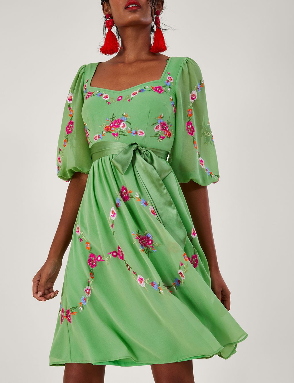 Floral Embroidered Square Neck Waisted Dress image 1
