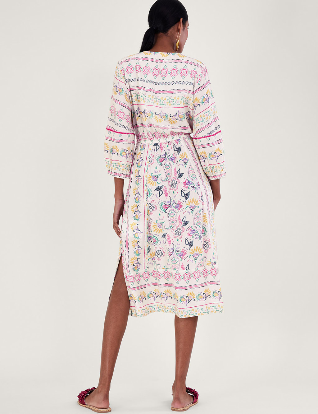 Printed Embroidered V-Neck Midi Smock Dress image 3