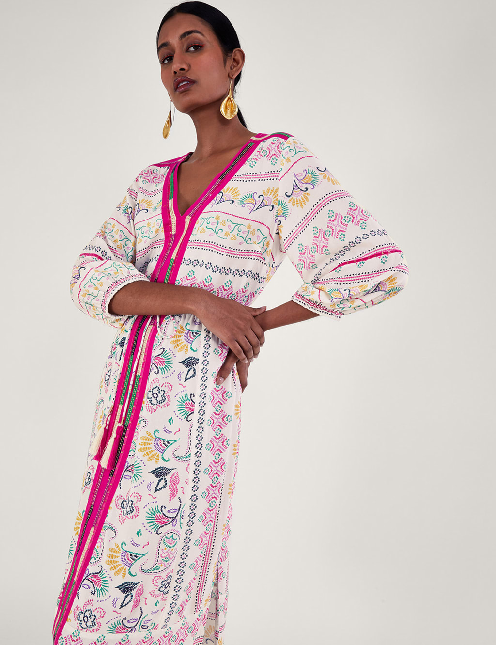 Printed Embroidered V-Neck Midi Smock Dress image 4