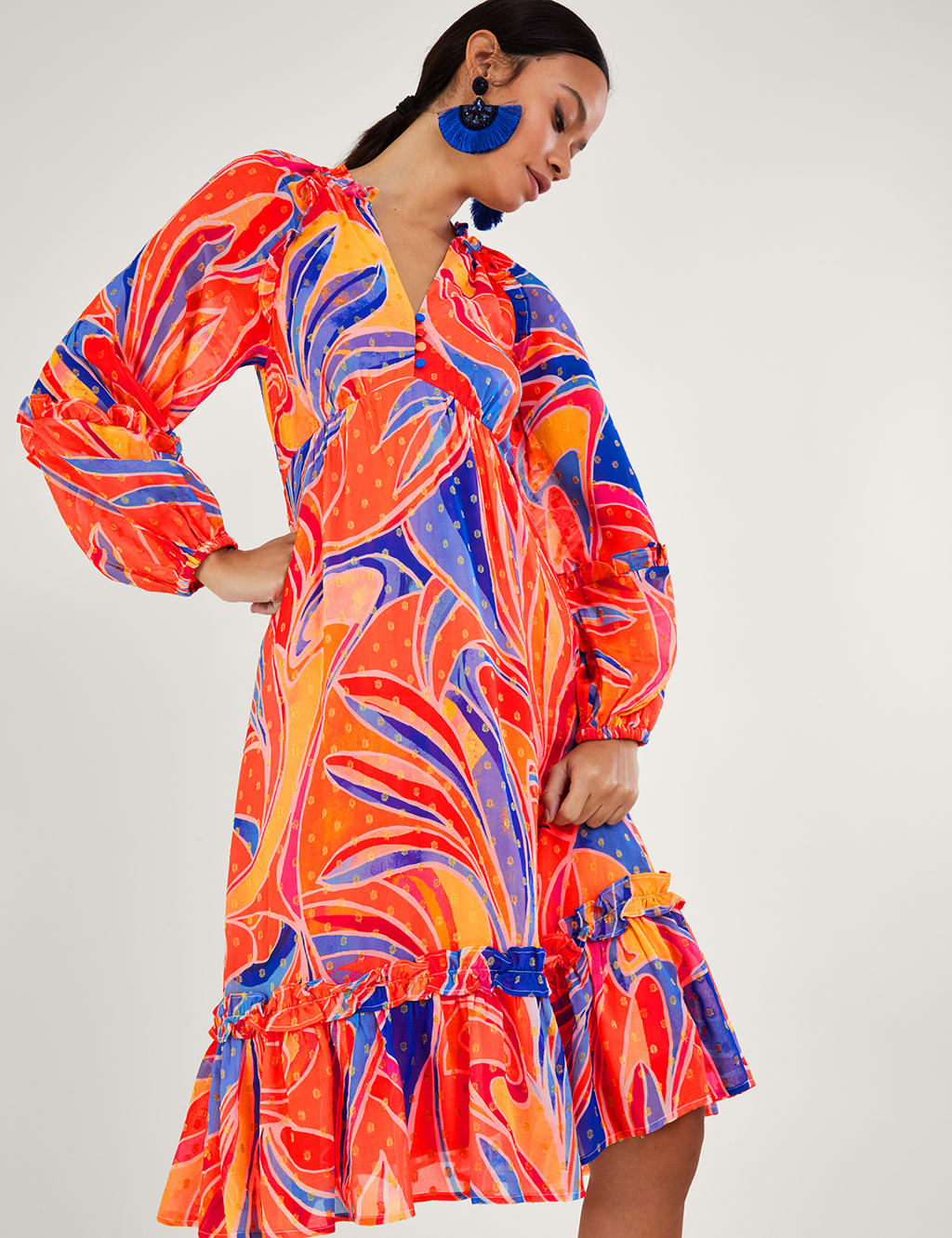 Printed V-Neck Knee Length Tiered Dress image 1