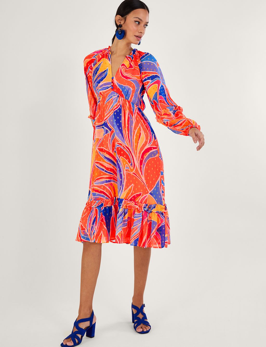 Printed V-Neck Knee Length Tiered Dress image 3