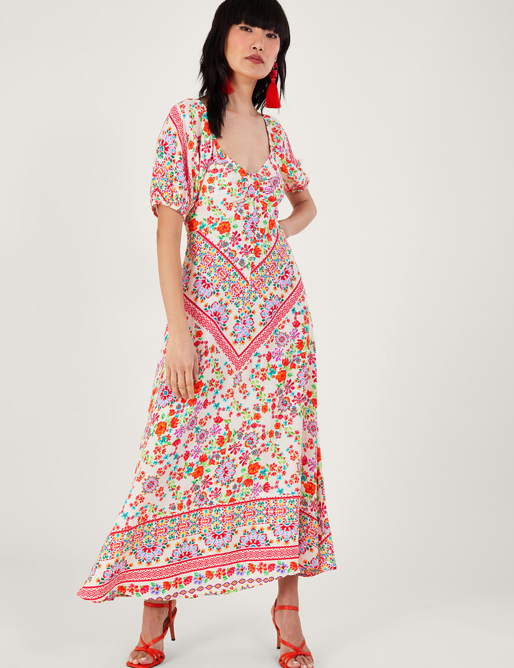 Floral V-Neck Puff Sleeve Maxi Tea Dress image 1