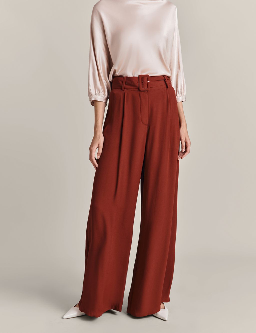 Belted Pleat Front Wide Leg Trousers