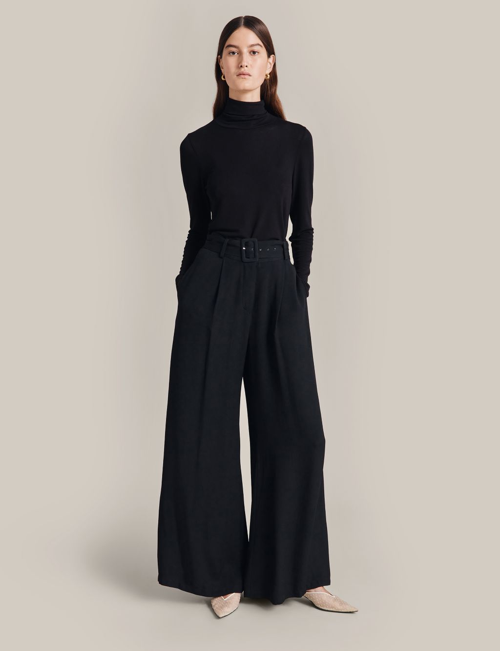 Belted Pleat Front Wide Leg Trousers