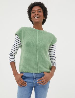 Fatface Women's Pure Cotton Textured Crew Neck Knitted Top - 8 - Green, Green