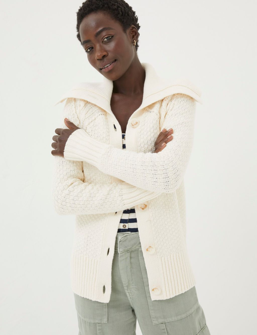 Cotton Blend Cable Knit Collared Cardigan
