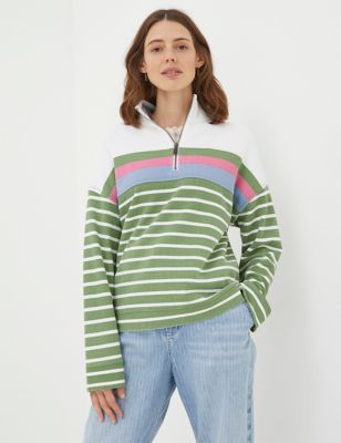 Fatface Women's Pure Cotton Striped Half Zip Relaxed Sweatshirt - 6 - Green Mix, Green Mix
