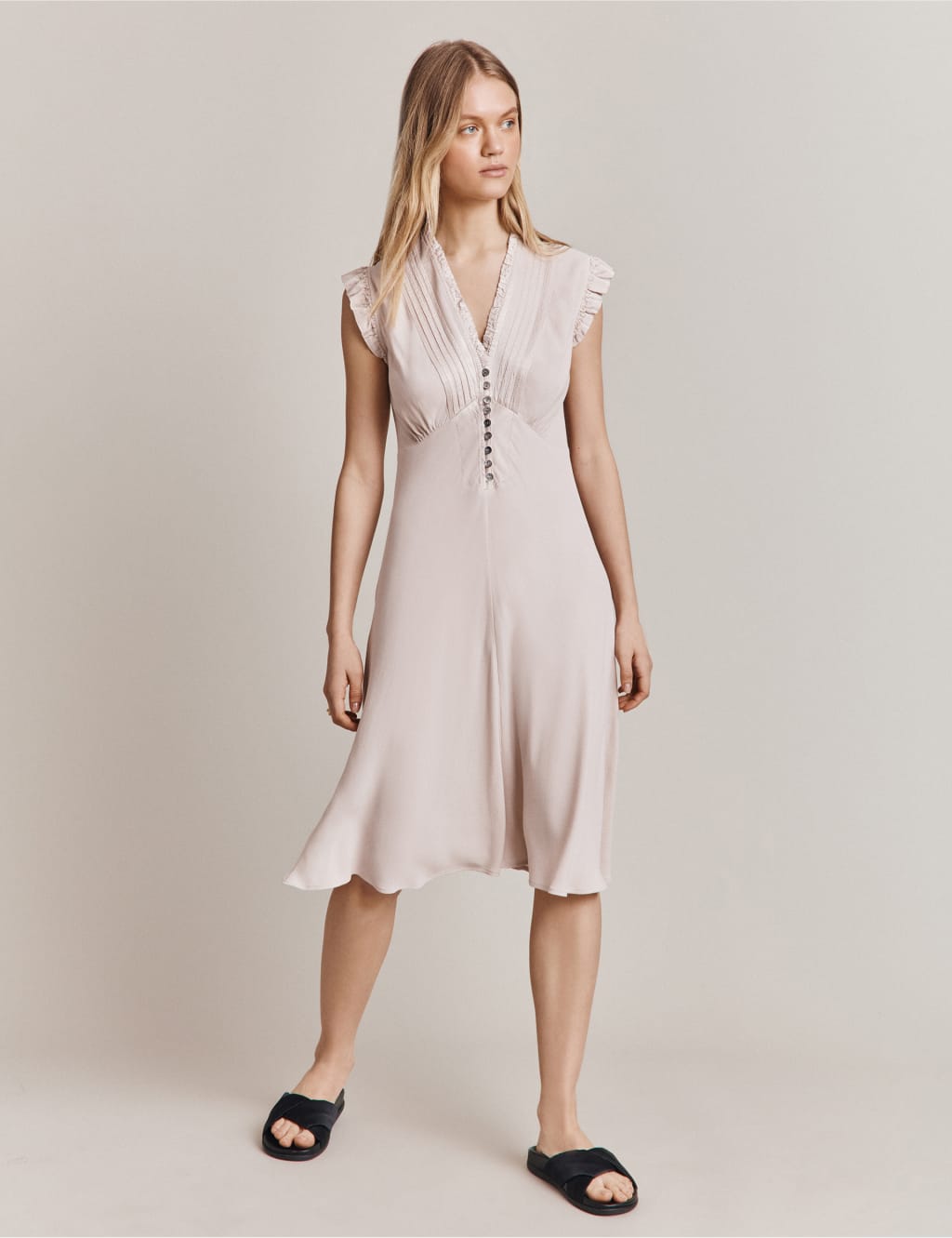 V-Neck Pintuck Midi Tea Dress image 1