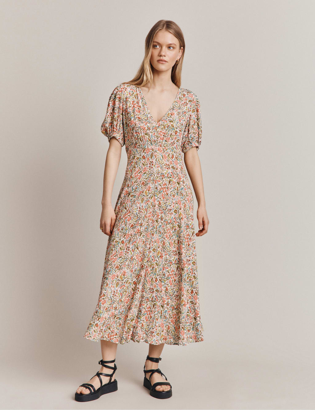 Floral V-Neck Midi Tea Dress