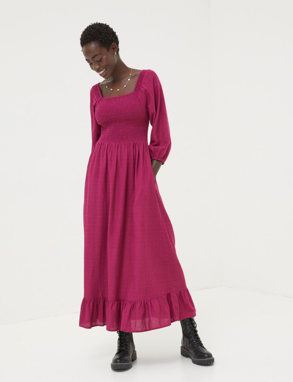 Cotton Blend Square Neck Midi Shirred Dress image 1