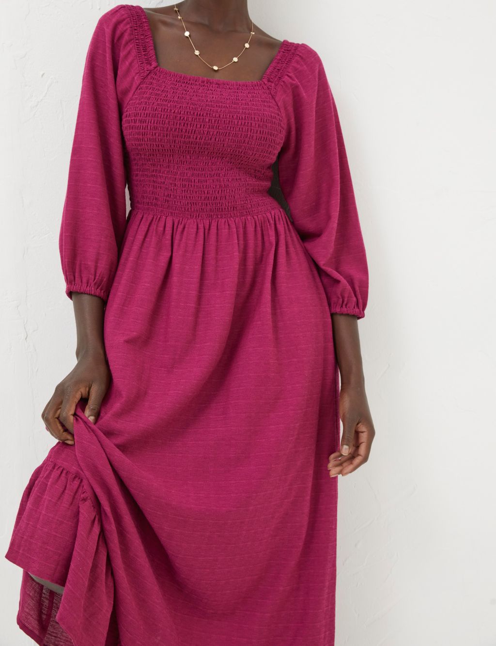 Cotton Blend Square Neck Midi Shirred Dress image 5