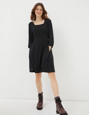 Fatface Women's Jersey Square Neck Knee Length Shirred Dress - 8LNG - Black, Black