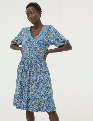 Fatface Women's Jersey Geometric V-Neck Waisted Dress - 24REG - Blue Mix, Blue Mix