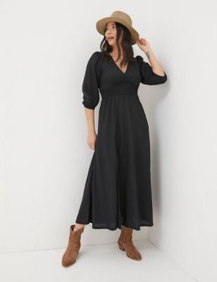 Fatface Women's V-Neck Blouson Sleeve Midi Waisted Dress - 6SHT - Black, Black