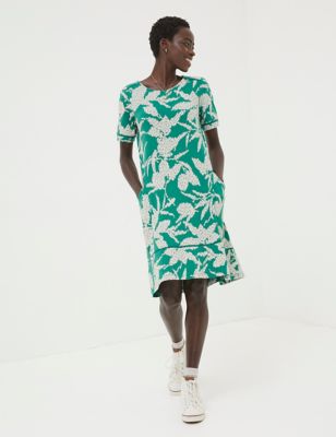Fatface Womens Jersey Leaf Print Knee Length Shift Dress - 6REG - Green Mix, Green Mix