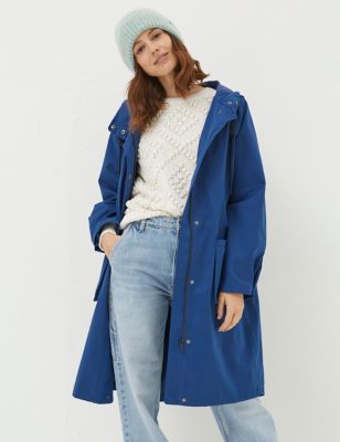 Fatface Womens Waterproof Hooded High Neck Longline Raincoat - 16 - Blue, Blue,Natural
