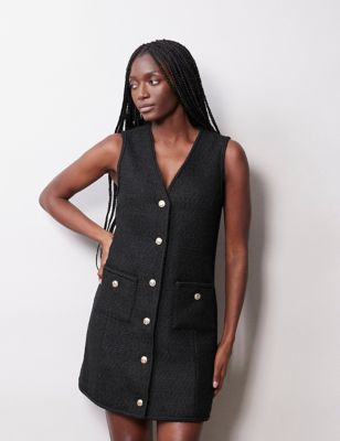 Albaray Womens Tweed V-Neck Mini Tailored Dress with Wool - 8 - Black, Black