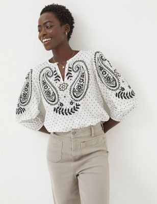 Fatface Womens Pure Cotton Embroidered V-Neck Blouse - 18 - Ivory Mix, Ivory Mix