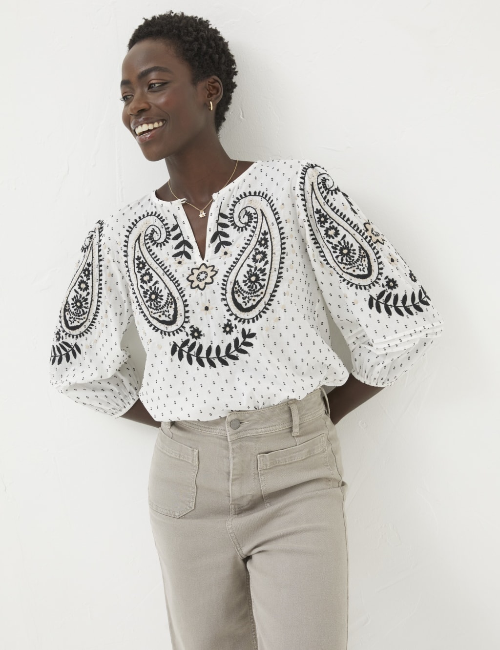 Pure Cotton Embroidered V-Neck Blouse