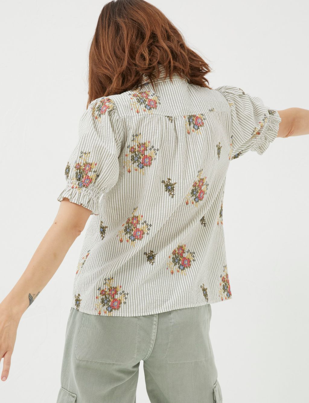 Pure Cotton Striped Floral Embroidery Shirt image 3