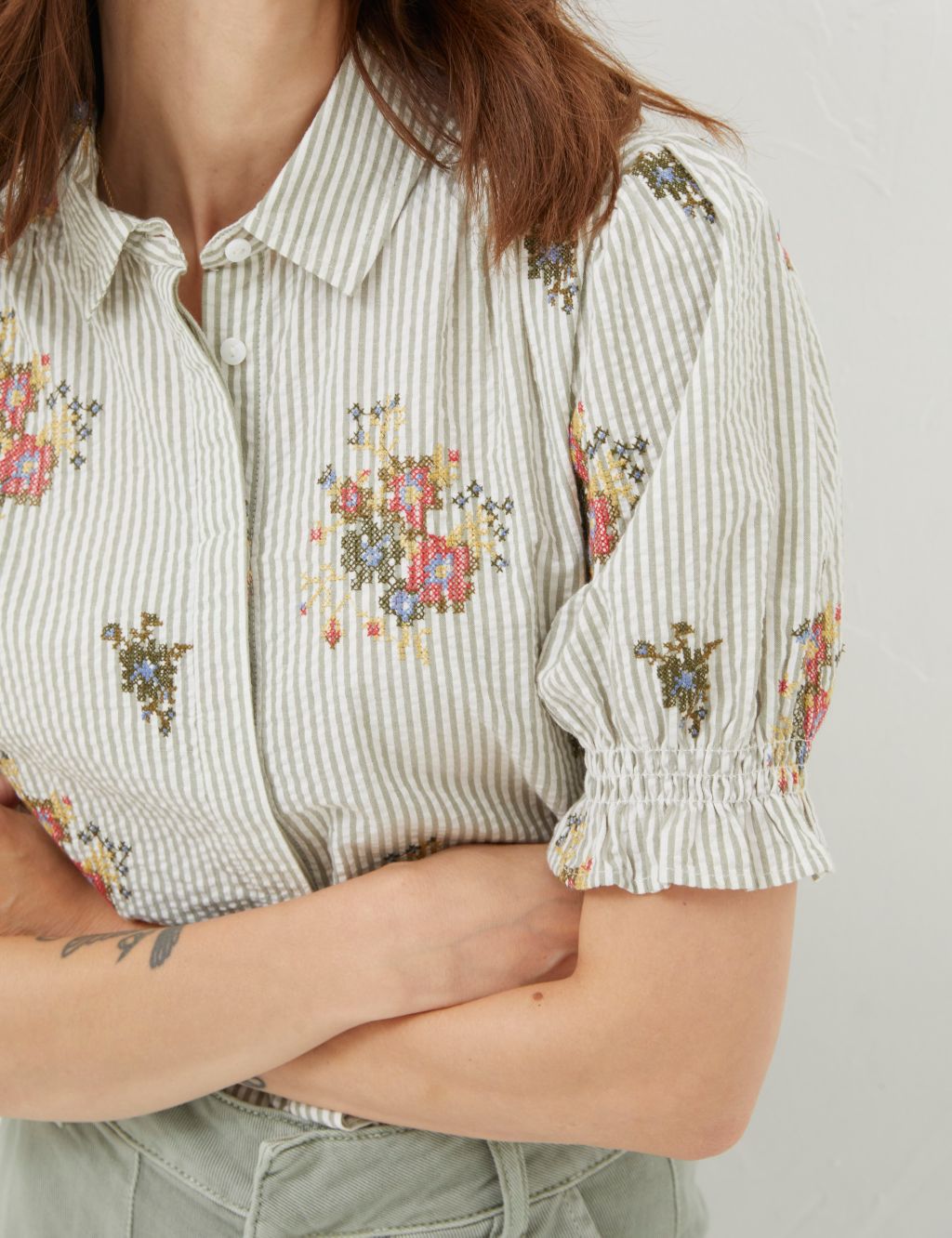 Pure Cotton Striped Floral Embroidery Shirt image 4