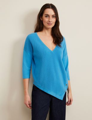 Phase Eight Womens Cotton Blend Ribbed V-Neck Jumper - S - Blue, Blue