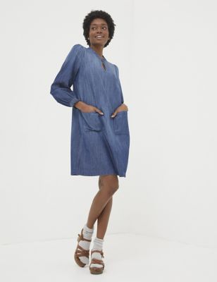 Fatface Women's Pure Cotton Denim Puff Sleeve Mini Shift Dress - 6LNG - Blue, Blue