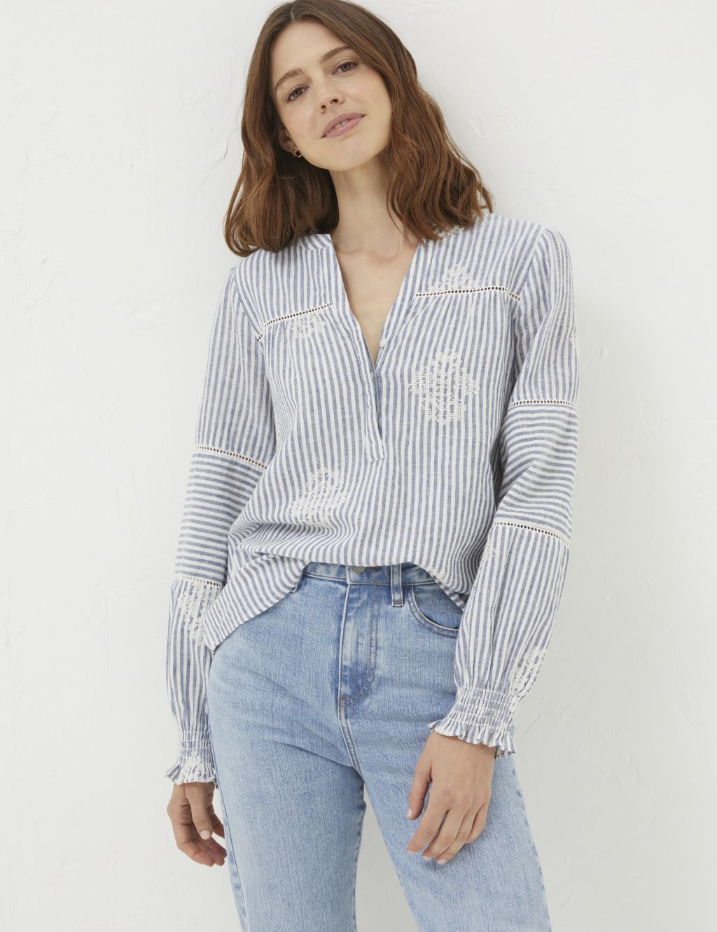 Cotton Rich Striped Embroidered Blouse